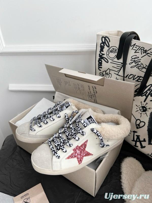 2024 Unisex GGDB White Pink Glitter Suede Leather Fur Slippers MJ00280