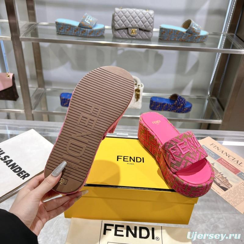 2025 Women Fendi Pink Canvas Slippers FF Jacquard KFY00240