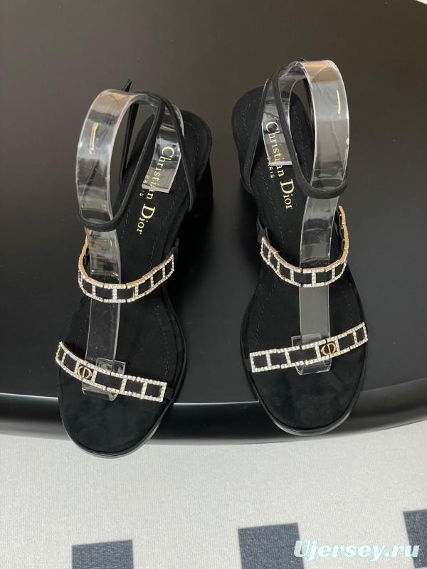 2025 Women Dior Black Suede Crystal Embellished Strap Sandals