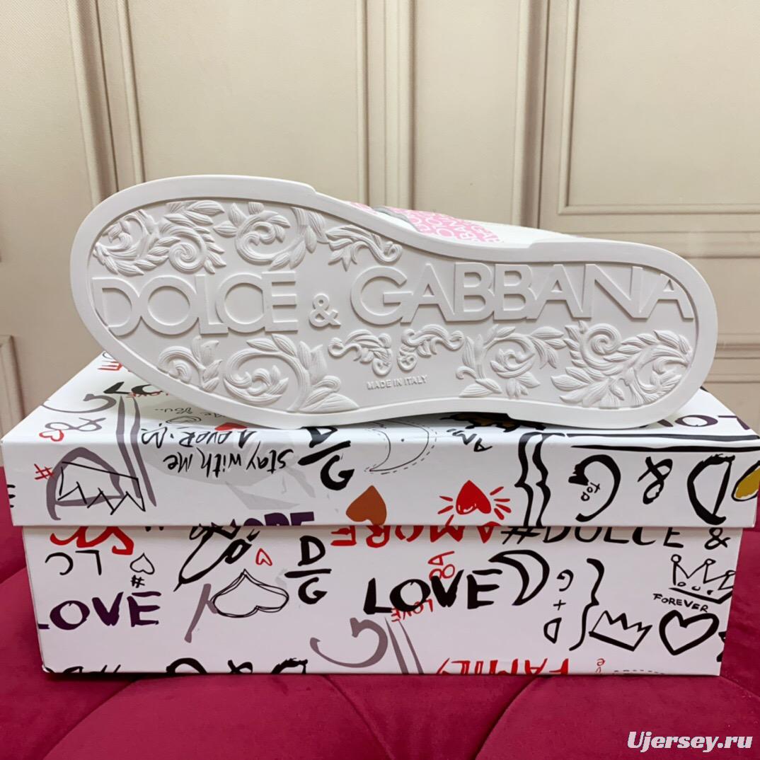 2025 Women Dolce & Gabbana White Pink Leather Sneakers LY00300