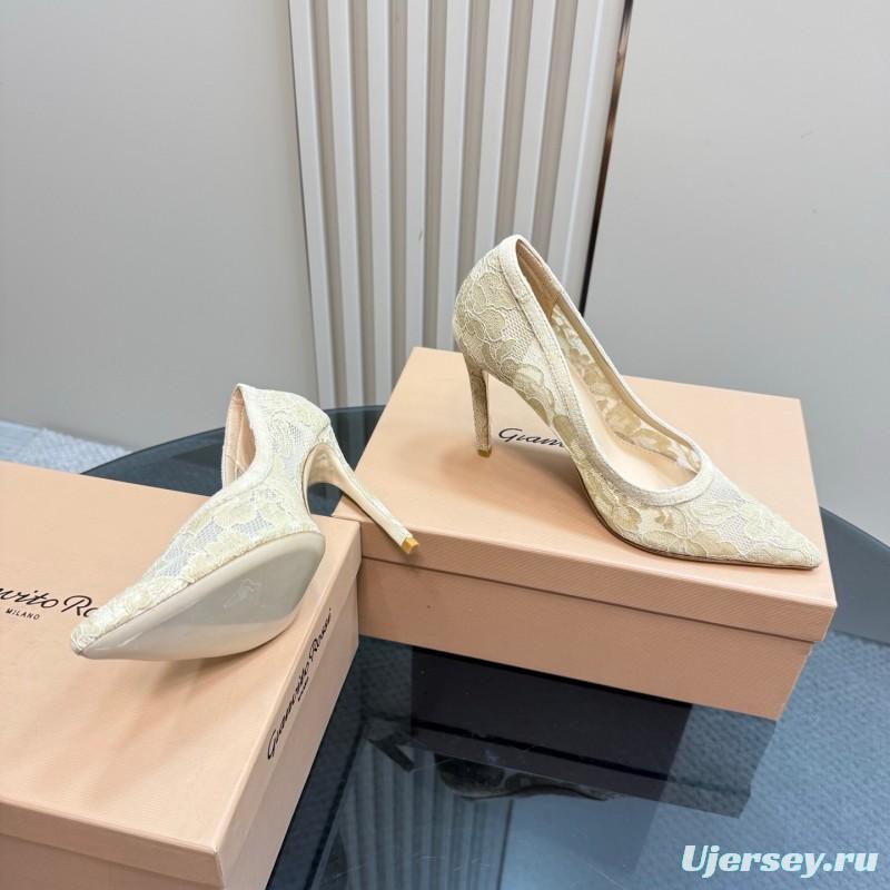 2025 Women Gianvito Rossi Beige Lace Leather High Heels KFY00280