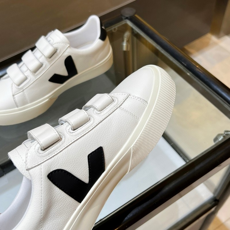 2025 Unisex VEJA White Black Leather Canvas Sneakers Velcro MJ00240(W/M)