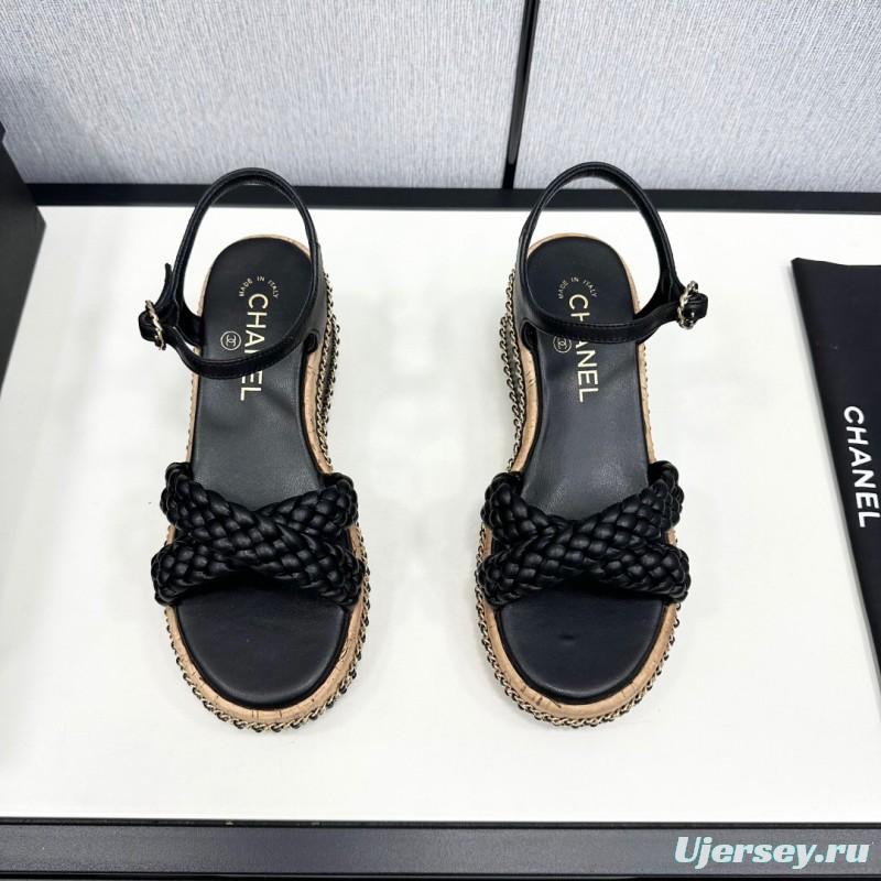 2025 Women Chanel Black Leather Braided Wedge Sandals