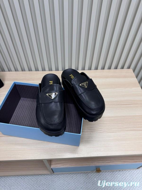 2025 Women Prada Black Leather Platform Loafers
