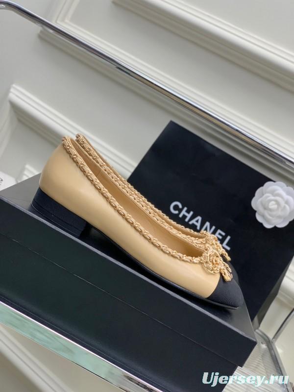 2025 Women Chanel Beige Black Leather Ballet Flats