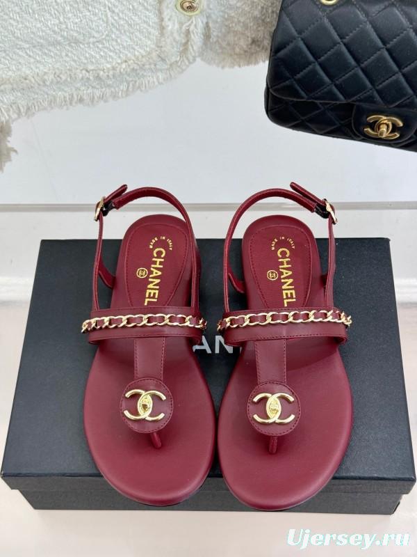 2025 Women Chanel Red Leather Sandals Chain Decoration