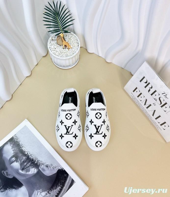 2024 Kids Louis Vuitton White Black Pink Canvas Slip-On Sneakers
