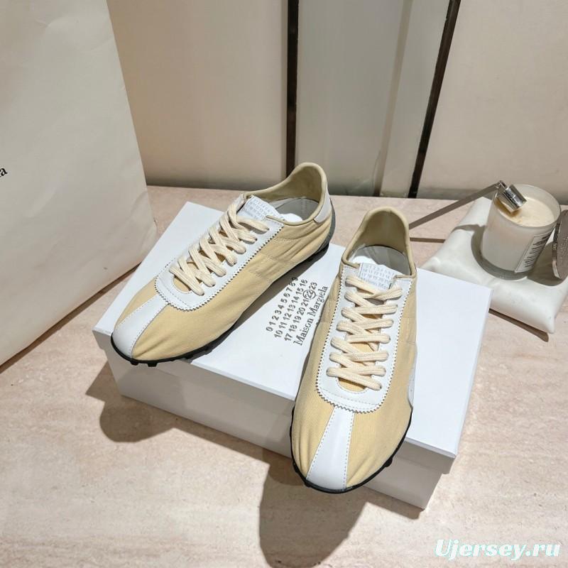2025 Unisex MM6 Maison Margiela Beige White Nylon Suede Sneakers Distressed KFY00290