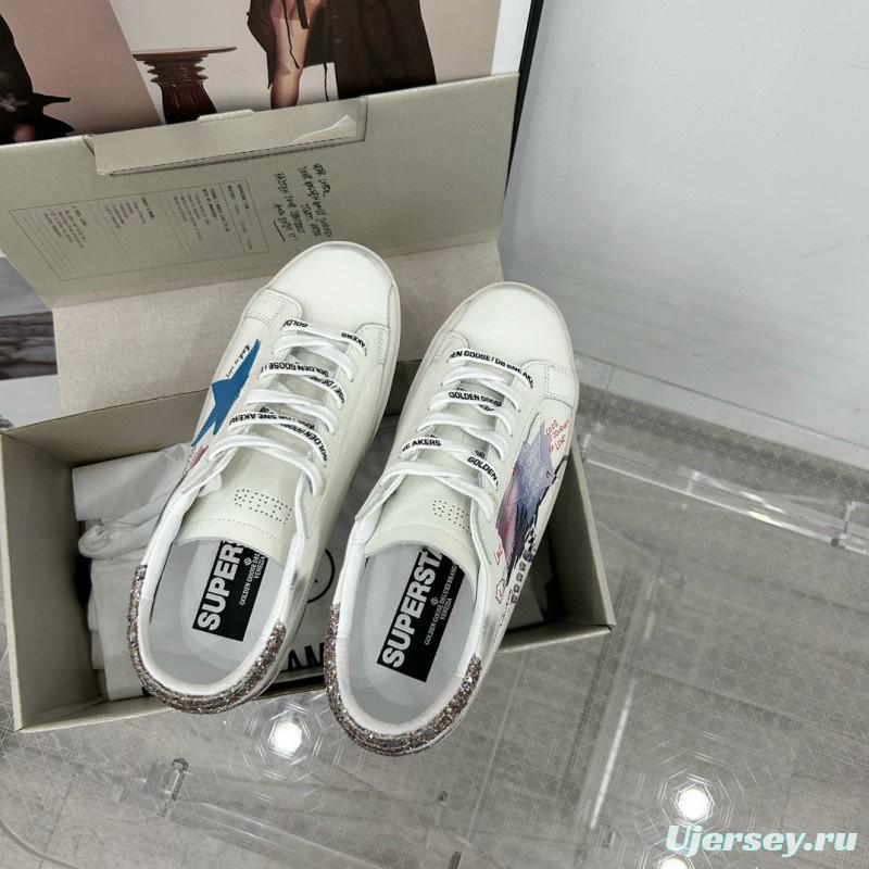 2025 Women GGDB White Blue Leather Sneakers