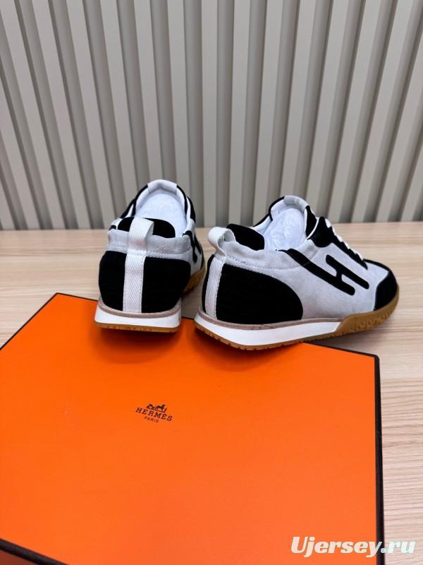 2025 Unisex Hermès Black White Suede Goat Leather Sneakers Top Version LY00310