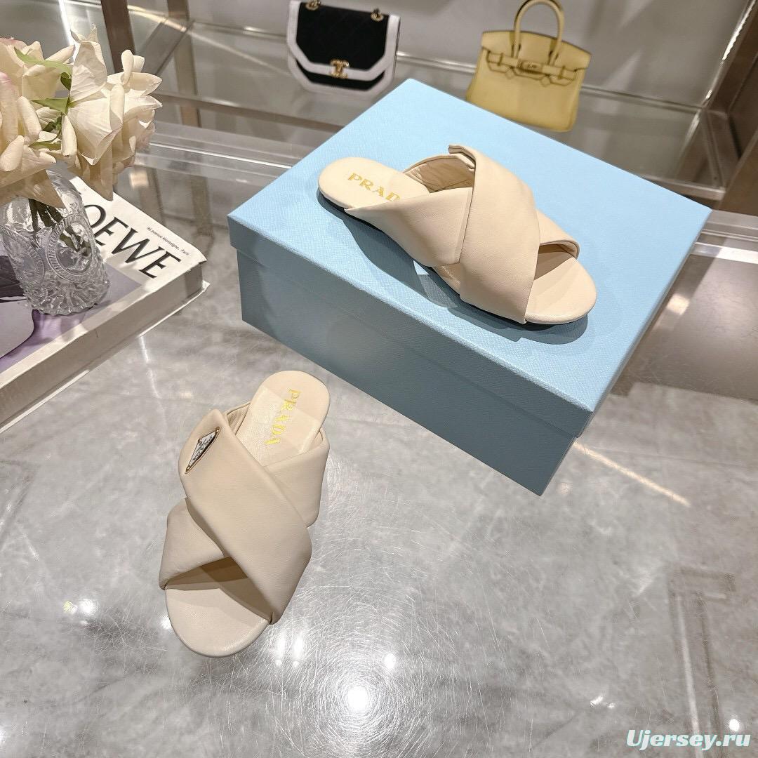 2025 Women Prada Cream Leather Slippers