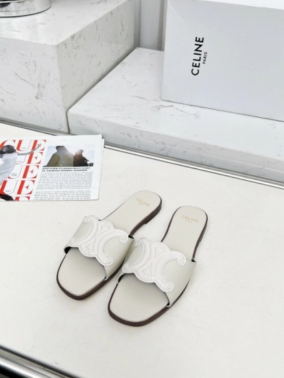 2025 Women Celine White Leather Slippers