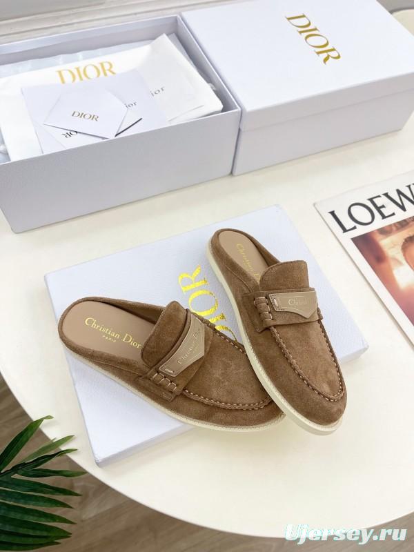 2025 Women Dior Brown Suede Mule Loafers Casual Handmade Slip-on LY00360(F)