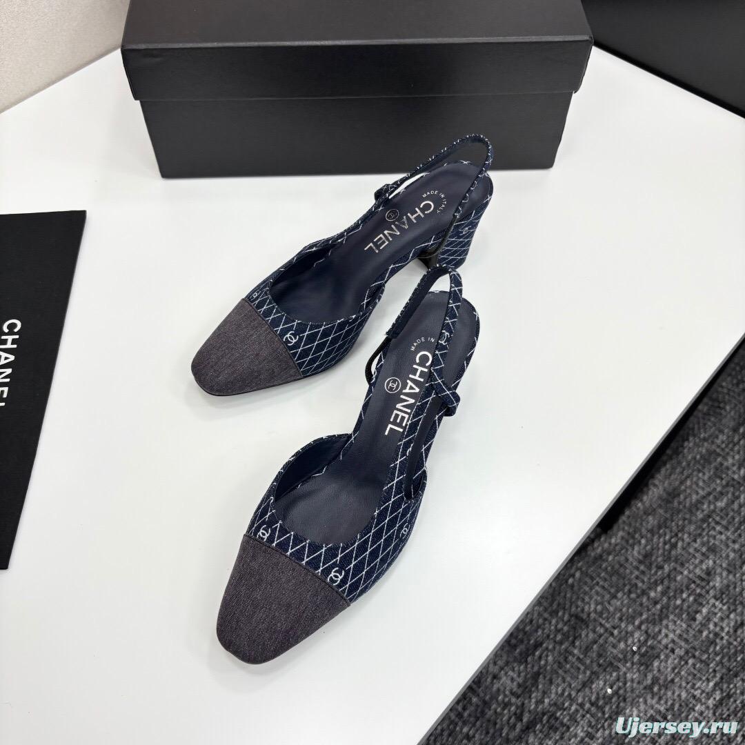 2025 Women Chanel Blue Grey Denim Leather Slingback LY00240