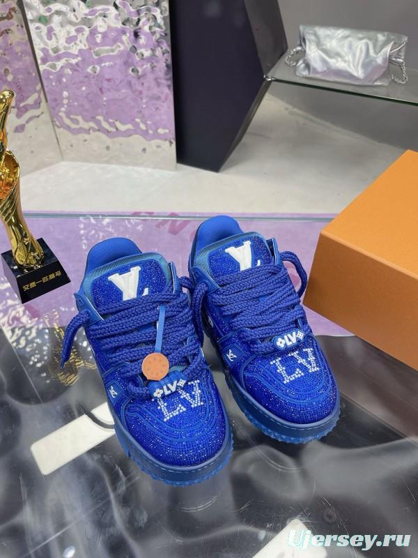 2024 Unisex Louis Vuitton Blue Rhinestone Trainer Sneakers Heat Pressing MJ00430