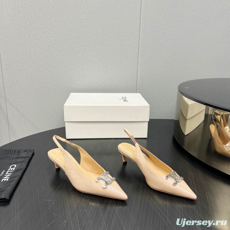 2025 Women Celine Beige Leather Slingback Shoes Metal Buckle