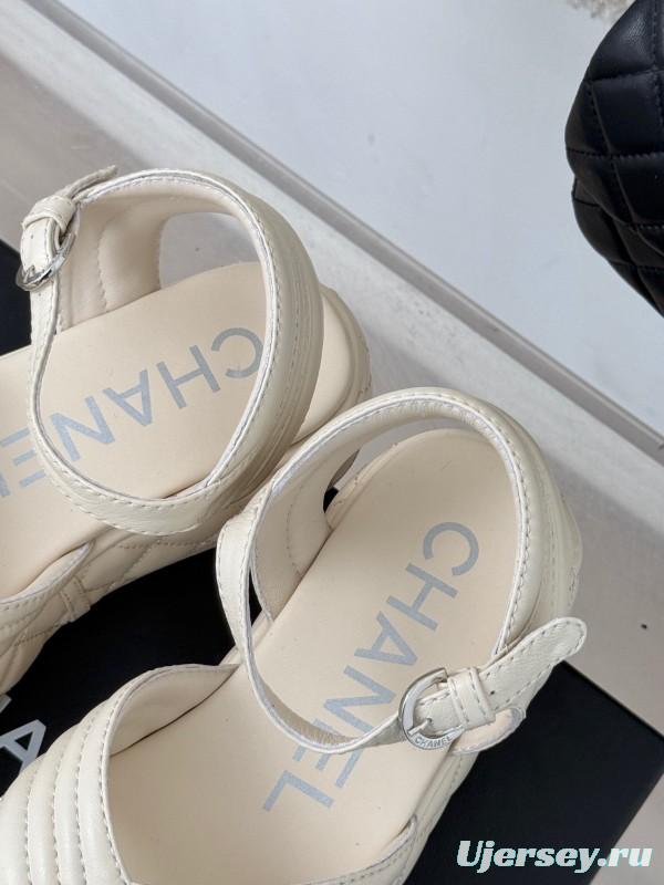 2025 Women Chanel White Leather Sandals