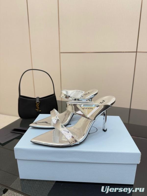 2025 Women Prada Silver Leather Pointed Toe Sandals