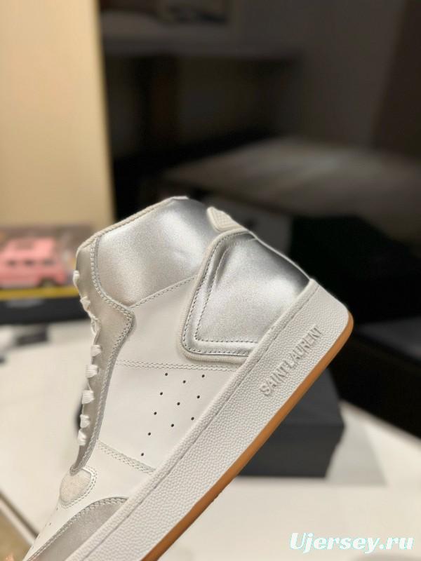2024 Unisex Yves Saint Laurent White Silver Leather High Top Sneakers MJ00390