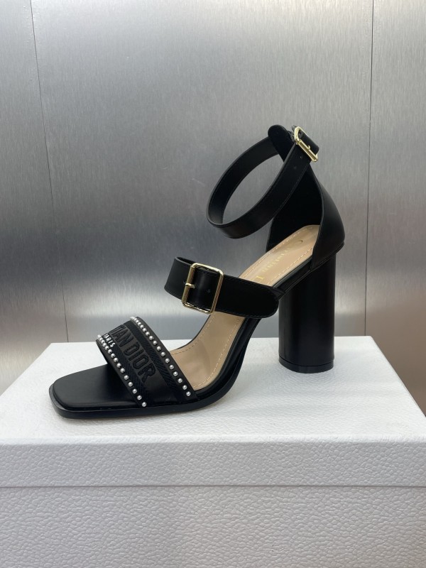 2025 Women Dior Black Leather High Heel Sandals Studded KFY00320