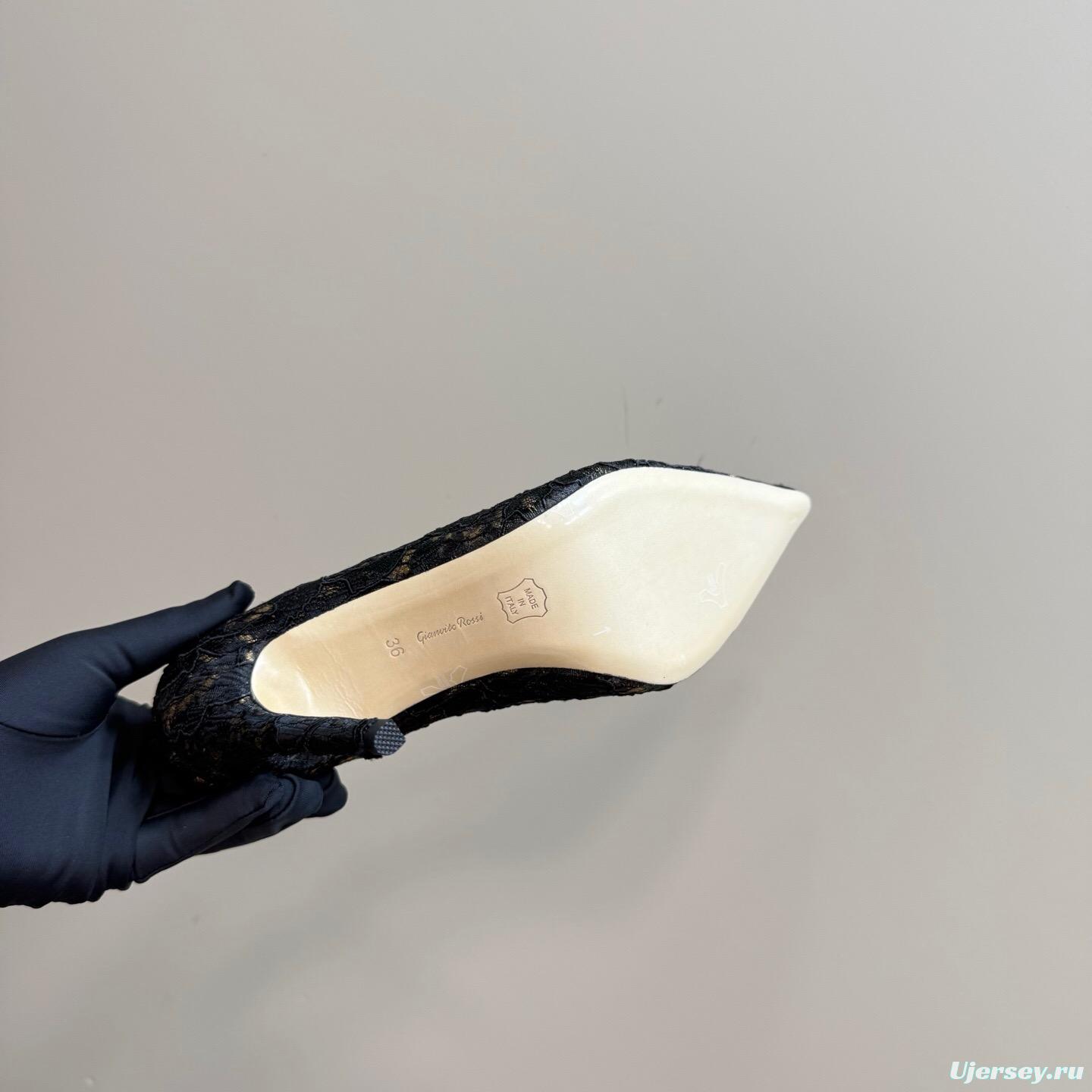 2025 Women Gianvito Rossi Black Lace Leather High Heel KFY00280