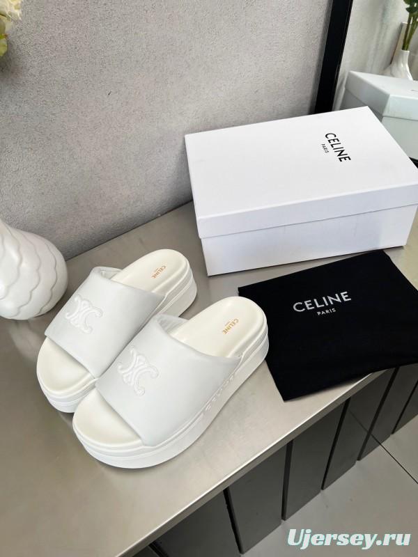 2025 Slippers Celine White Leather Platform Embossed LY00240