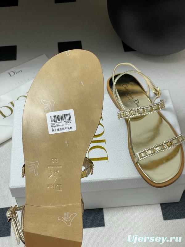 2025 Women Dior Gold Leather Sandals Crystal Embellishment