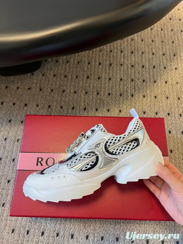 2025 Women Roger Vivier White Black Leather Synthetic Fabric Sneakers KFY00380