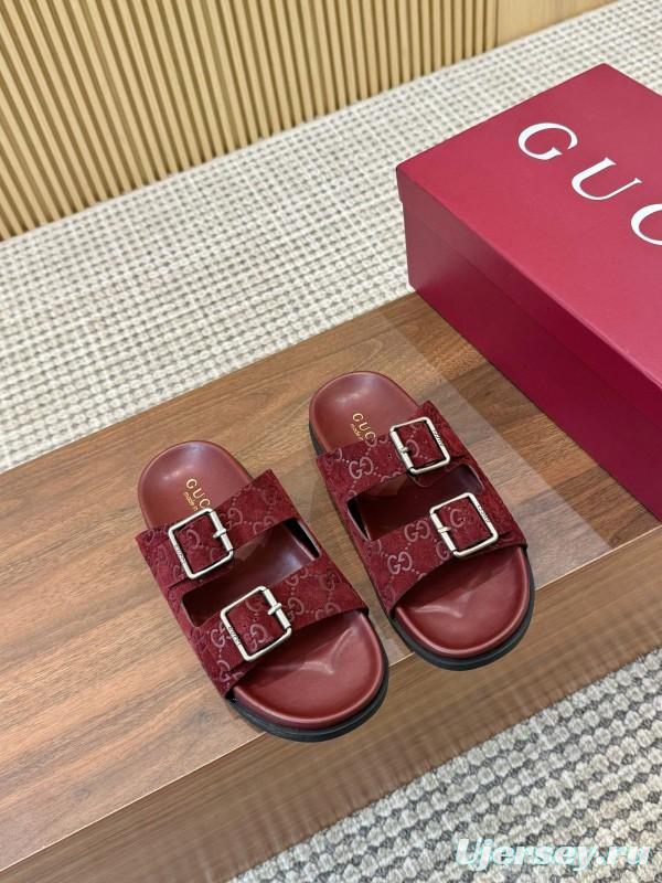 2025 Women Gucci Red Suede Leather Sandals Double Buckle LY00260