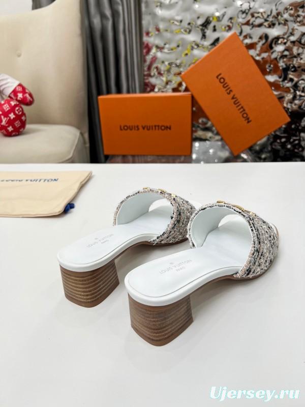 2025 Women Louis Vuitton White Brown Tweed Leather Sandals LY00220