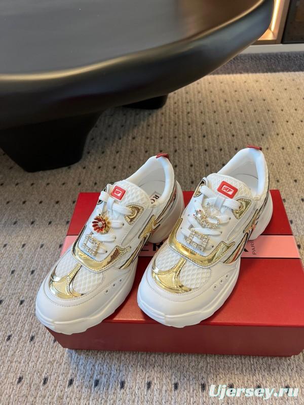 2025 Women Roger Vivier White Gold Leather Mesh Sneakers KFY00380