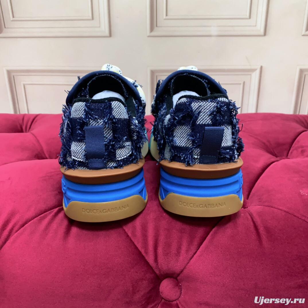 2025 Unisex Dolce & Gabbana Blue White Brown Denim Leather Sneakers
