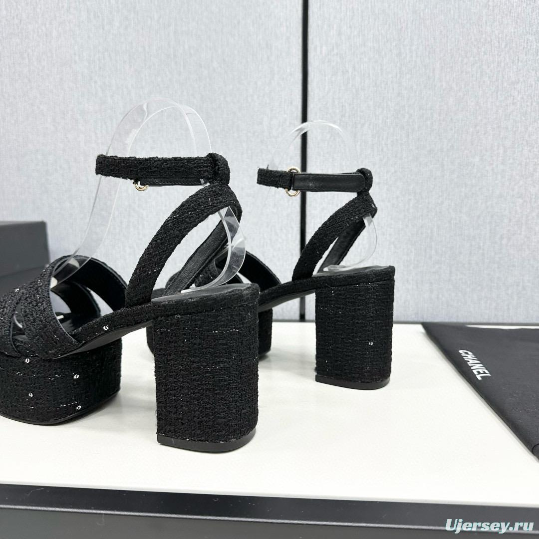 2025 Women Chanel Black Fabric Platform Sandals MJ00310