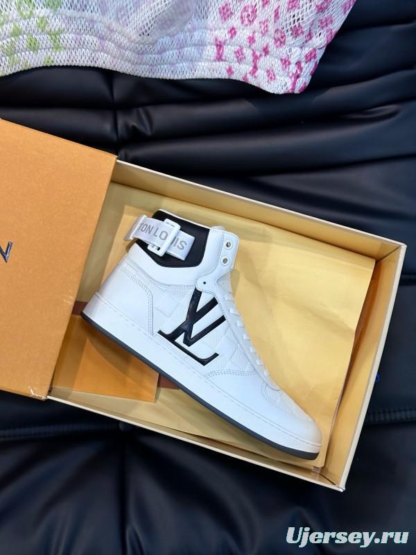 2024 Men Louis Vuitton White Black Leather High-Top Sneakers MJ00420