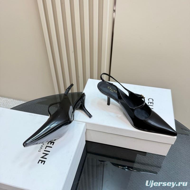 2025 Women Celine Black Patent Leather Slingback Pointed Toe Heels KFY00310