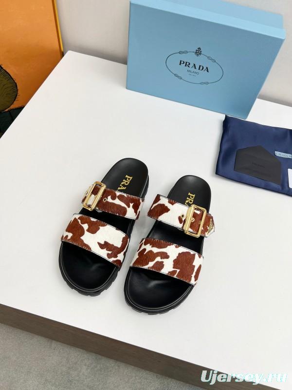 2025 Slippers Prada Brown White Leather Cow Print LY00260