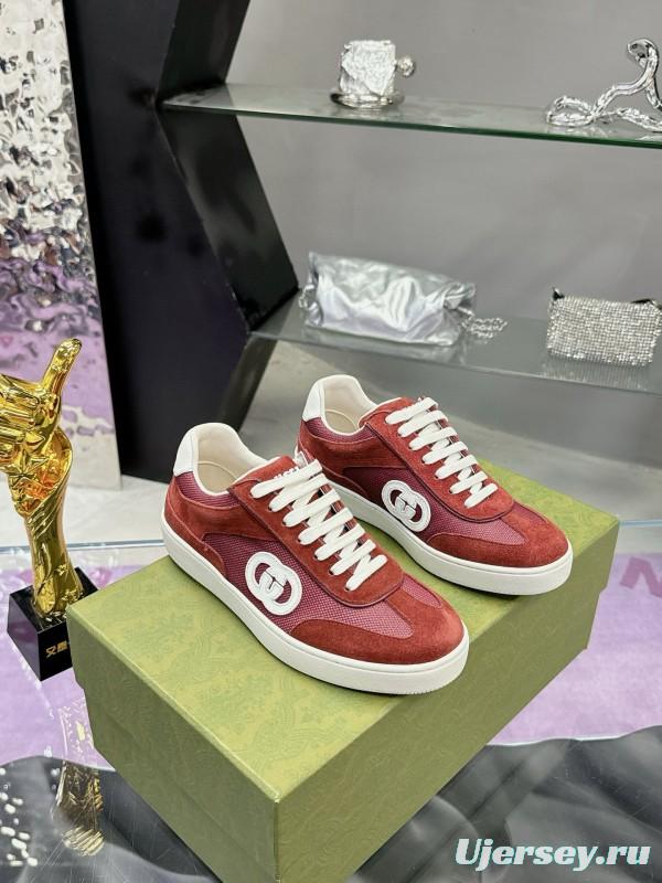 2024 Unisex Gucci Red Burgundy White Leather Suede Sneakers MJ00310