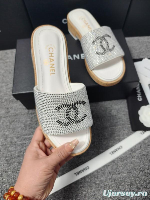 2025 CHANEL Silver Crystal Leather Slippers