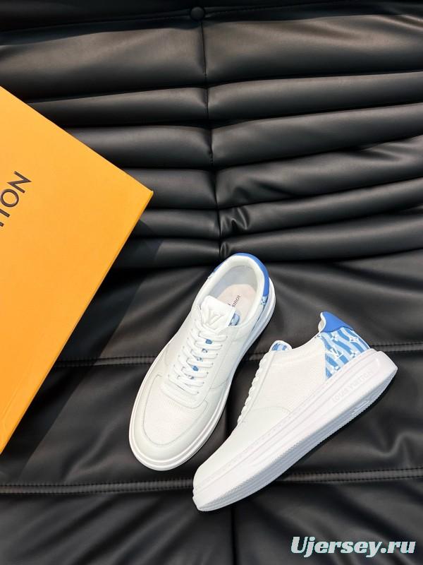 2024 Unisex Louis Vuitton White Blue Cow Leather Mesh Sneakers MJ00400
