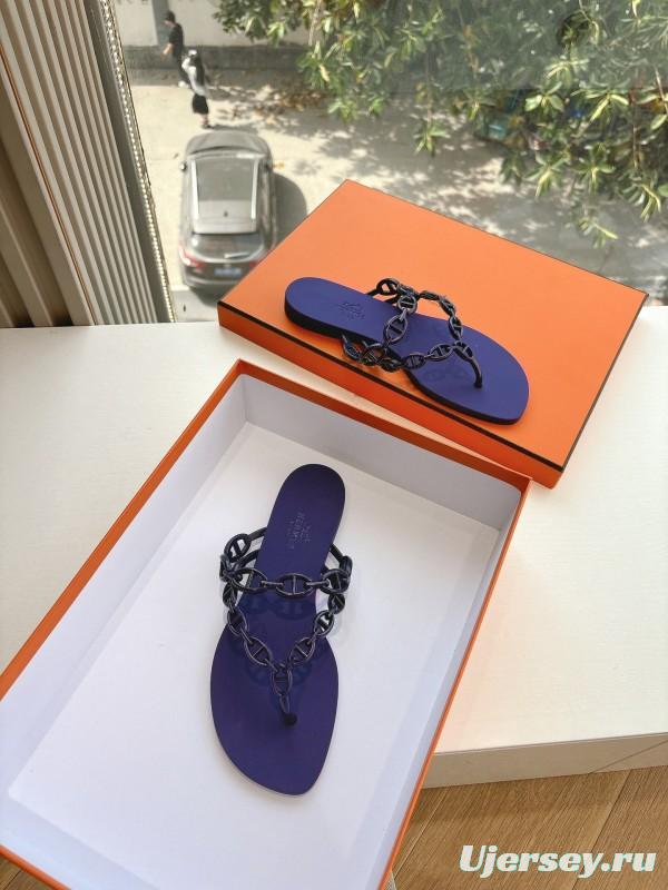 2025 Women Hermès Purple Rubber Chain Thong Sandals LY00360(F)