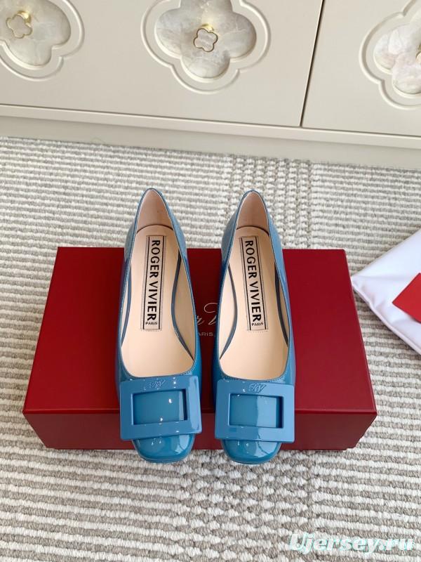 2025 Women Roger Vivier Blue Patent Leather Ballet Flat Square Buckle KFY00310