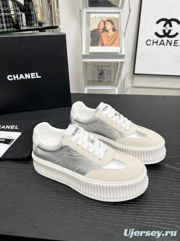 2025 Women Chanel White Silver Suede Leather Sneakers LY00270