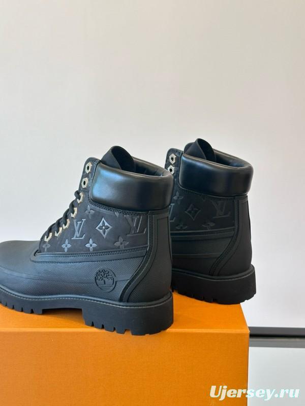 2024 Men Louis Vuitton Black Leather Monogram Work Boots MJ00390