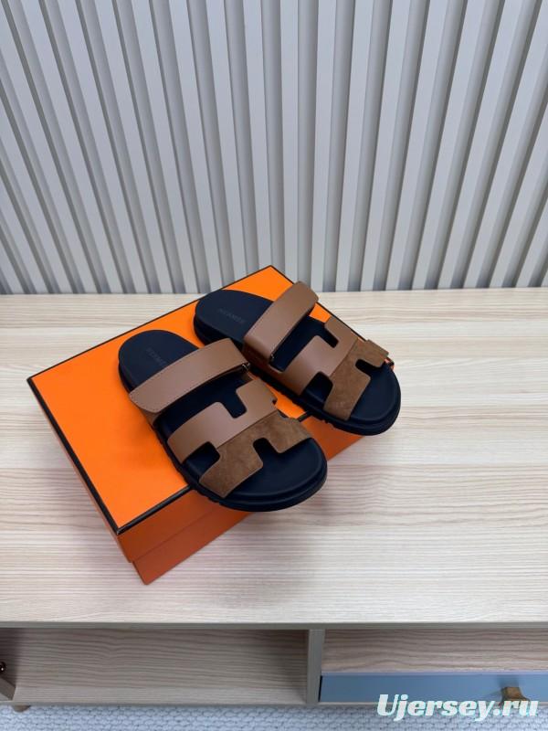 2025 Slippers Hermès Brown Black Leather Nubuck Slippers