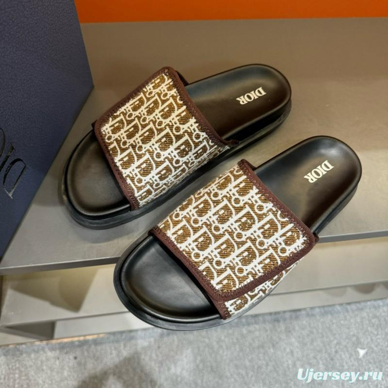2024 Dior brown beige fabric leather Slippers MJ00180