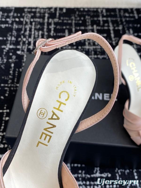 2025 Women Chanel Pink Black Satin Leather Slingback Heels KFY00289