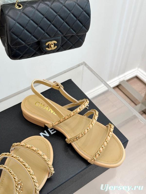 2025 Women Chanel Beige Leather Sandals KFY00270