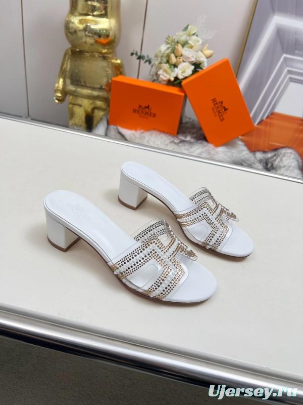 2025 Herme* White Leather Slippers Classic H Pattern MJ00180/215