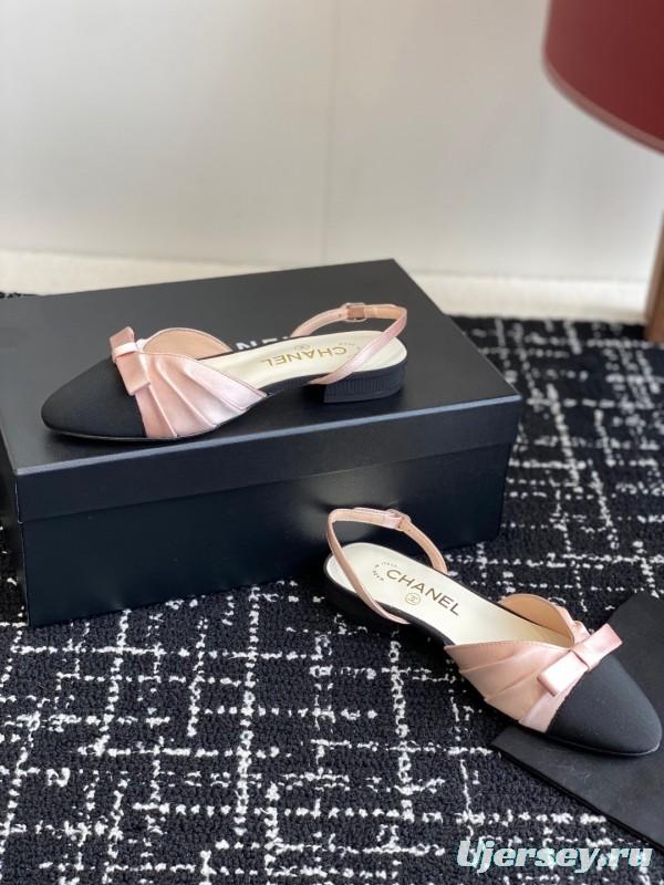 2025 Women Chanel Pink Black Silk Leather Sandals Satin Bow KFY00289