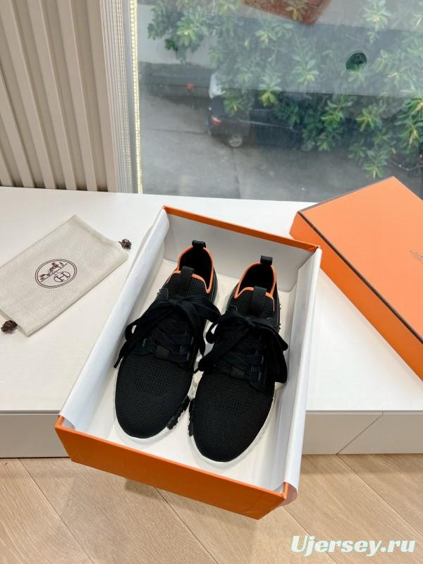 2024 Unisex Hermès Black Orange Knit Sneakers